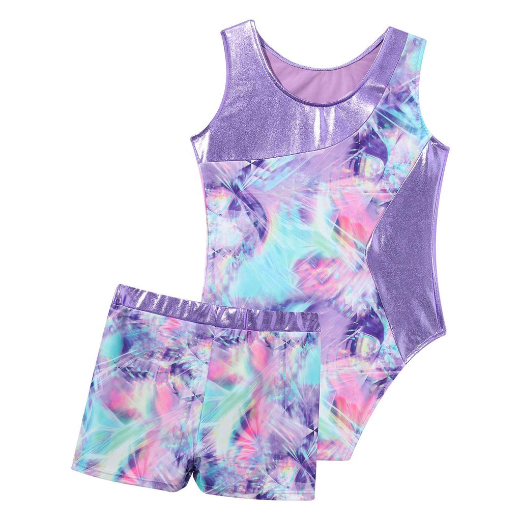 Girls Printed Gymnastics Dance Outfit Sleeveless Patchwork Leotard Jumpsuit Elastic Waist Shorts Suit Performance Practice