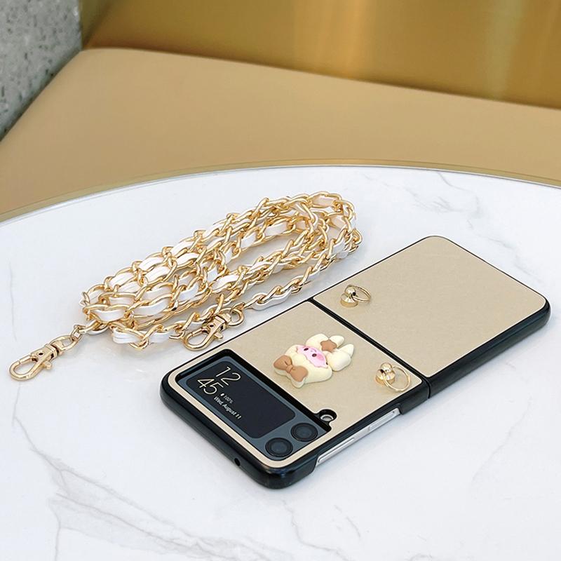 Cute Cartoon 3d Girl Phone Case For Samsung Galaxy Z Flip 3 5g Pu Leather Hard Pc Cover With Crossbody Chain