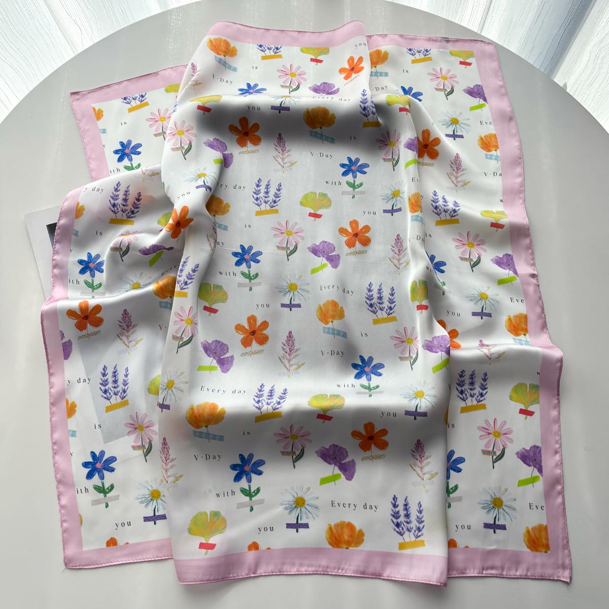 

Cute Floral Square Scarf For Women Elegant Ladies Hijab Neckerchief Shawl Luxury Solid Soft Stain Imitation Silk Scarves