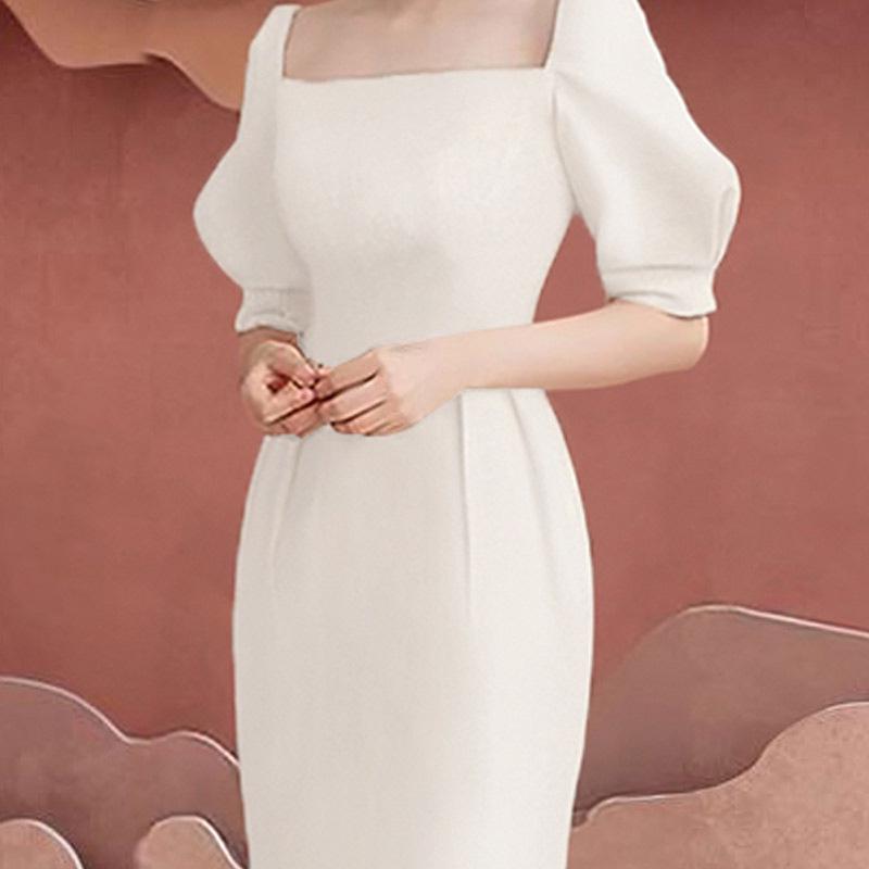 2020 French Socialite Style Square Neck Puff Sleeve High Waist Slimming White Evening Dress