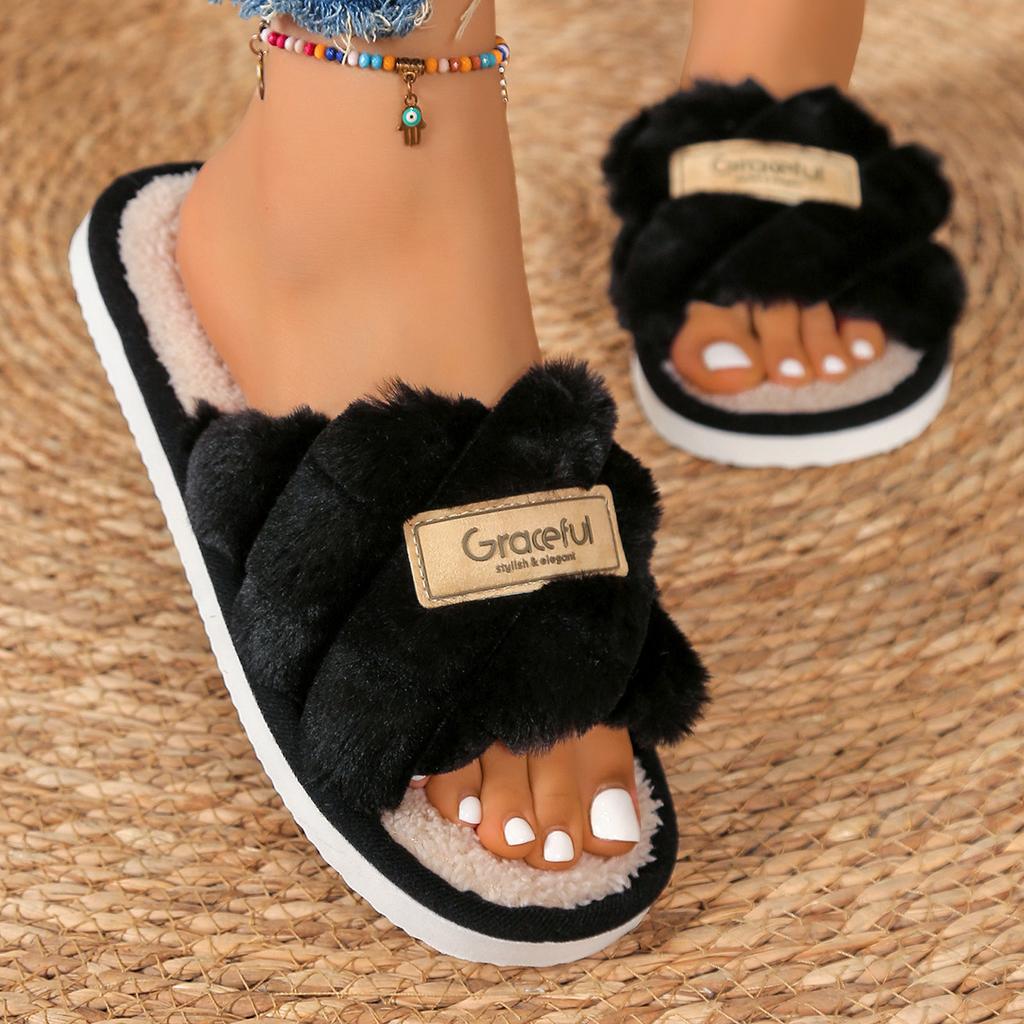 Fashion Litfun Fluffy Women's Slippers Concise Flat Home Slides Open Toe Fuzzy Cotton Slides Plush Lining Warm Cozy Slippers For Women