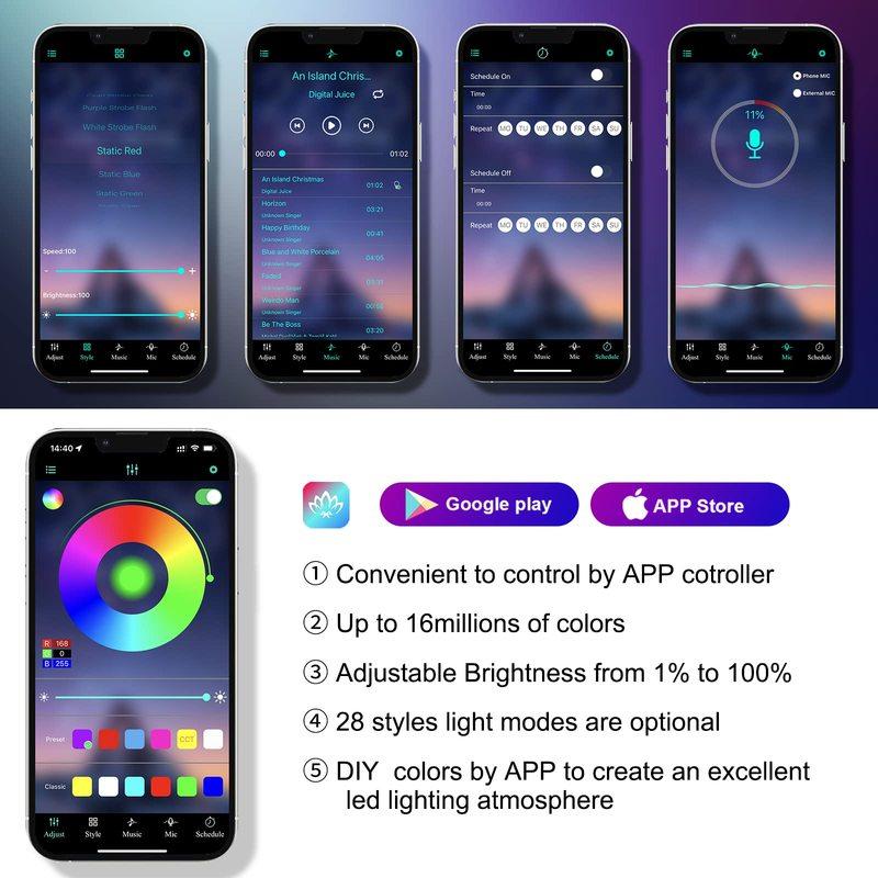 5 In 1 LED Car Interior Ambient Lights Neon Fiber Optic Lighting Kit with APP Remote Music Control RGB Auto LED Decorative Lamps