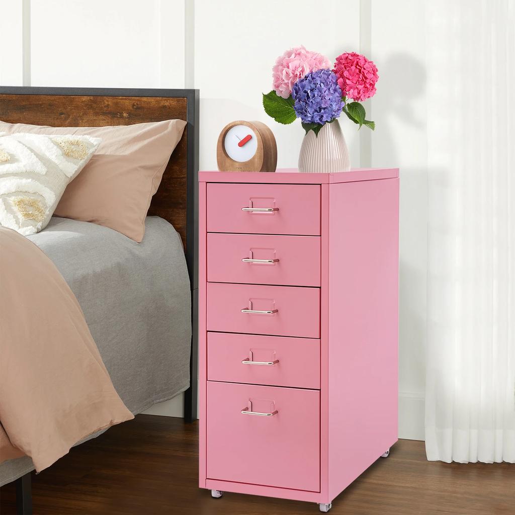 Bymaocar 27 Inch Tall Pink File Cabinet on Wheels 5-Drawer Storage Cabinet Home Furniture for Kitchen, Bedroom, Office, Study