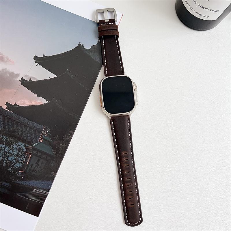 2024 Apple Watch Leather Strap - Compatible with iWatch Series 98, Fashionable Wide Genuine Leather