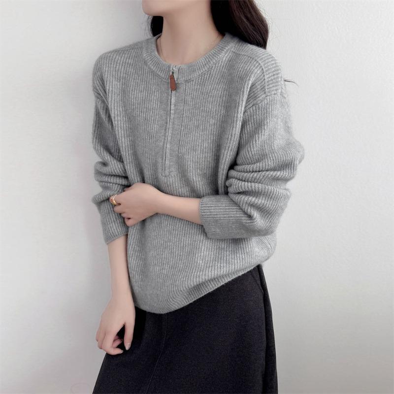 Lazy wind semi-zipper knitted bottoming shirt autumn and winter new high-end round neck pullover sweater women's outer top women