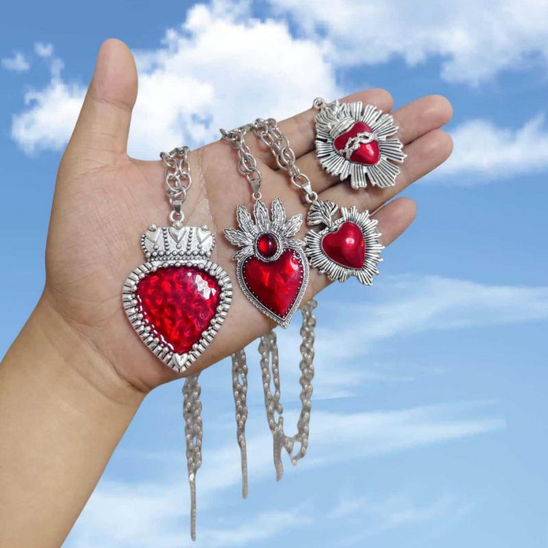 Fashionable Silver Plated Enamel Sacred Red Heart Necklace Pendant