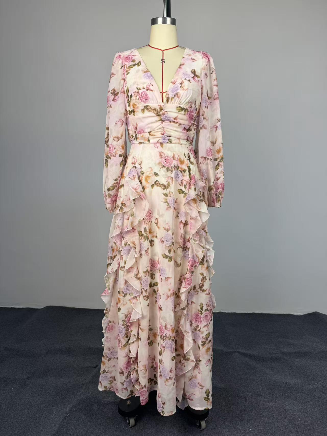 Весна 2026 Европейское и Американское Французское Цветочное Шифоновое Приталенное Длинное Платье с V-образным Вырезом Large цветочный