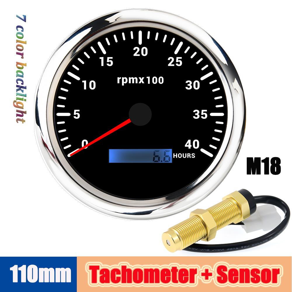 0~4000rpm Meter Car Tachometer Outboard Motor Tacho Gauge with M16/M18 Tach Sensor 1/8NPT 7 Colors Back LED Digital Speedometer