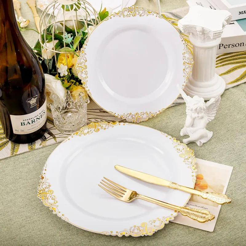 50pc Plate with Gold Beads Rim Plastic Decorative Dinner Serving Plate Dessert Wedding Xmas Party Dining Plates Decor