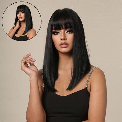 Pełne Okrycie Głowy Moda Włoska Peruka Powietrzna Kobiety Letnie Grzywka Czarne Długie Włosy Naturalne Średniej Długości Proste