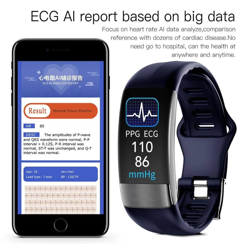 Smart Health Band with ECG, PPG, SPO2 Tracking, 1.8 Inch LCD Touch Screen, IP67