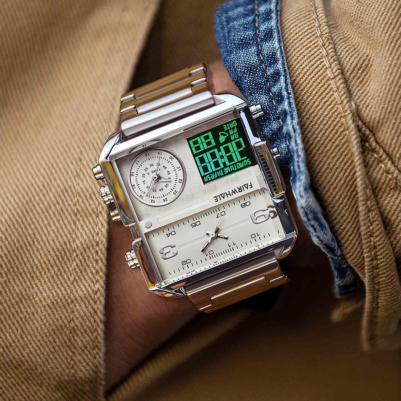 Mark Fairwhale Men's Geometric Retro Square Watch with Genuine Leather and Alloy
