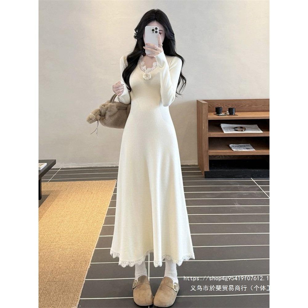 French temperament collar lace flower knitted dress women's clothing beautiful autumn and winter waist slim long skirt