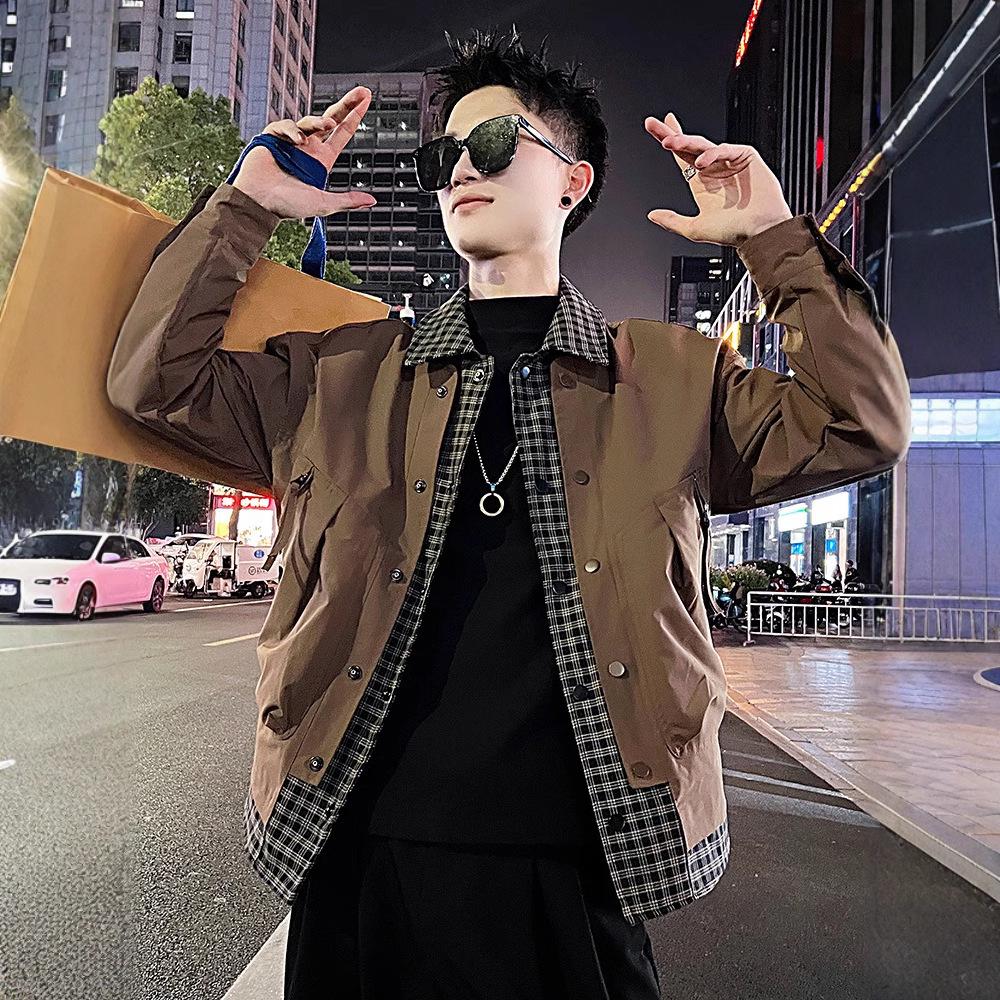 Men's Trendy Plaid Patchwork Jacket with Turn-Down Collar - New Spring/Autumn 2025 Collection.