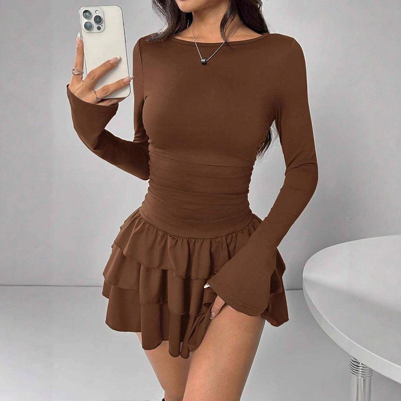 European and American New Women's Clothing Autumn and Winter Solid Color Slim-Fitting Elegant Long-Sleeved Dress for Women with a High-End Feel