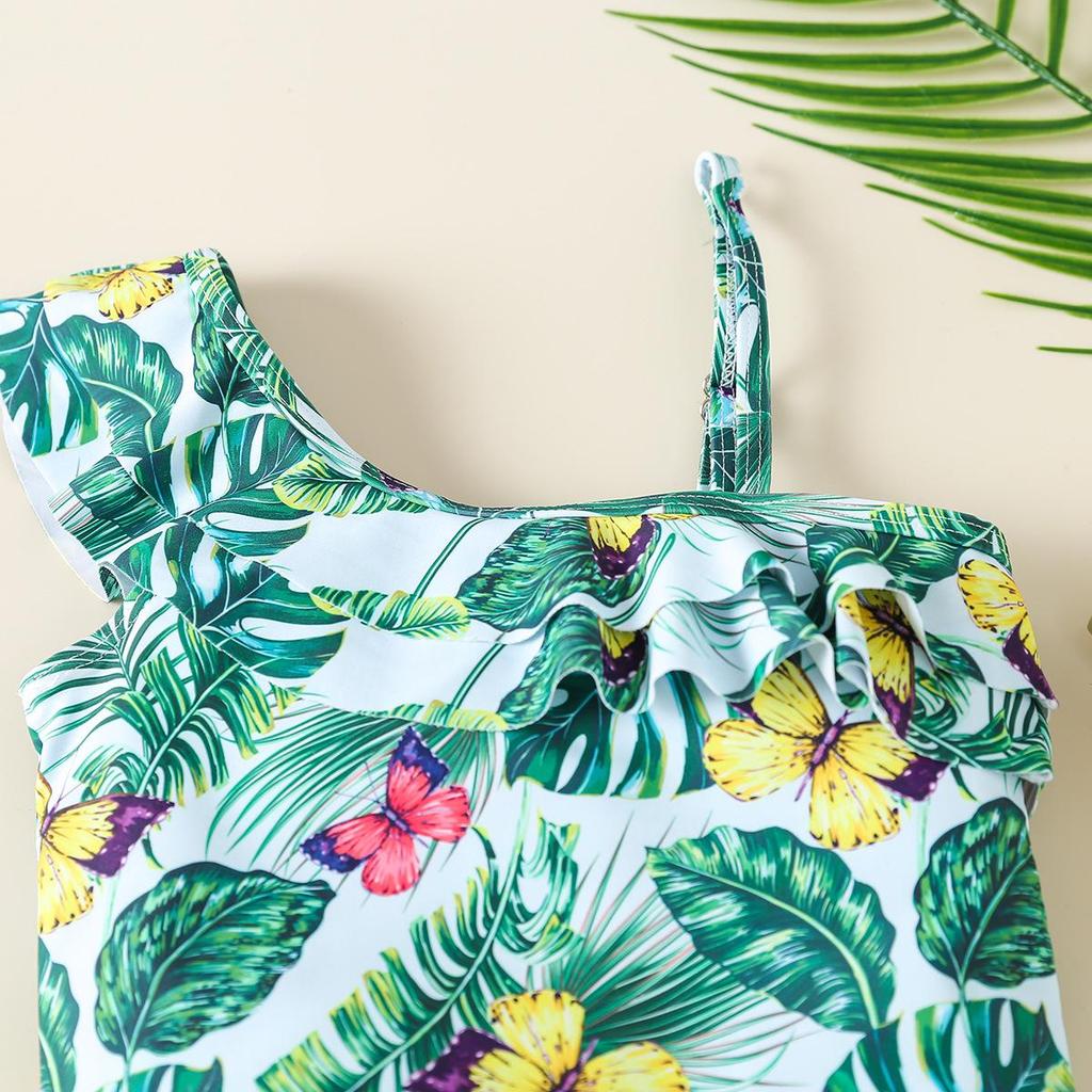 Girls' Floral One-Shoulder Swimsuit - Cute Print Hot Spring Swimwear