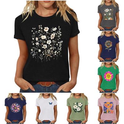 Women's Casual Floral Print Short Sleeved T-shirt With Round Neck  Top