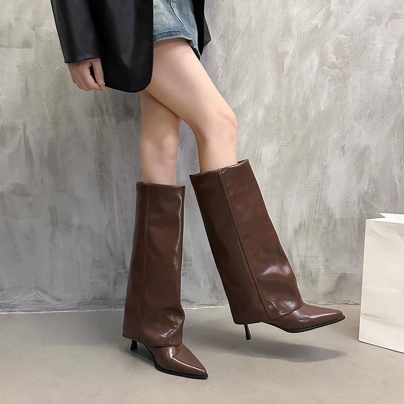 Fashion Women Chunky High Boots Pointed Toe Boots Fashion Leather Punk Chelsea Boots New Designer Pumps Knee High Woman Boot Botas Mujer