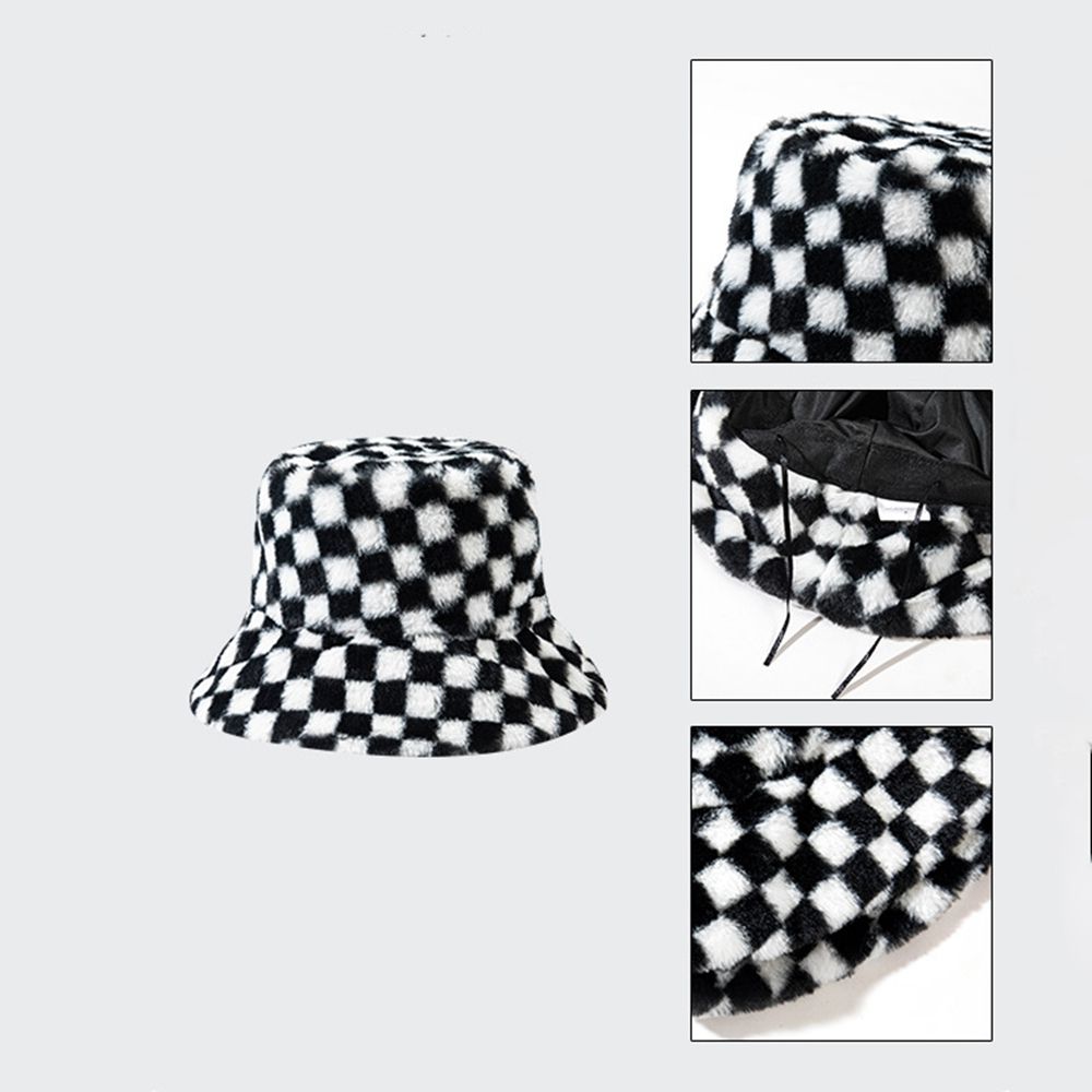 Lambswool Girl Plaid Casual Style Korean Style Caps Female Hats Checkerboard Hat Wool Bucket Hat