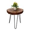 Antique Natural Round Wood Coffee Table | Vintage Look Side Table | Brown PU Gloss Finish Wooden Top N Wrought Iron Removable Legs | Free Screw Driver