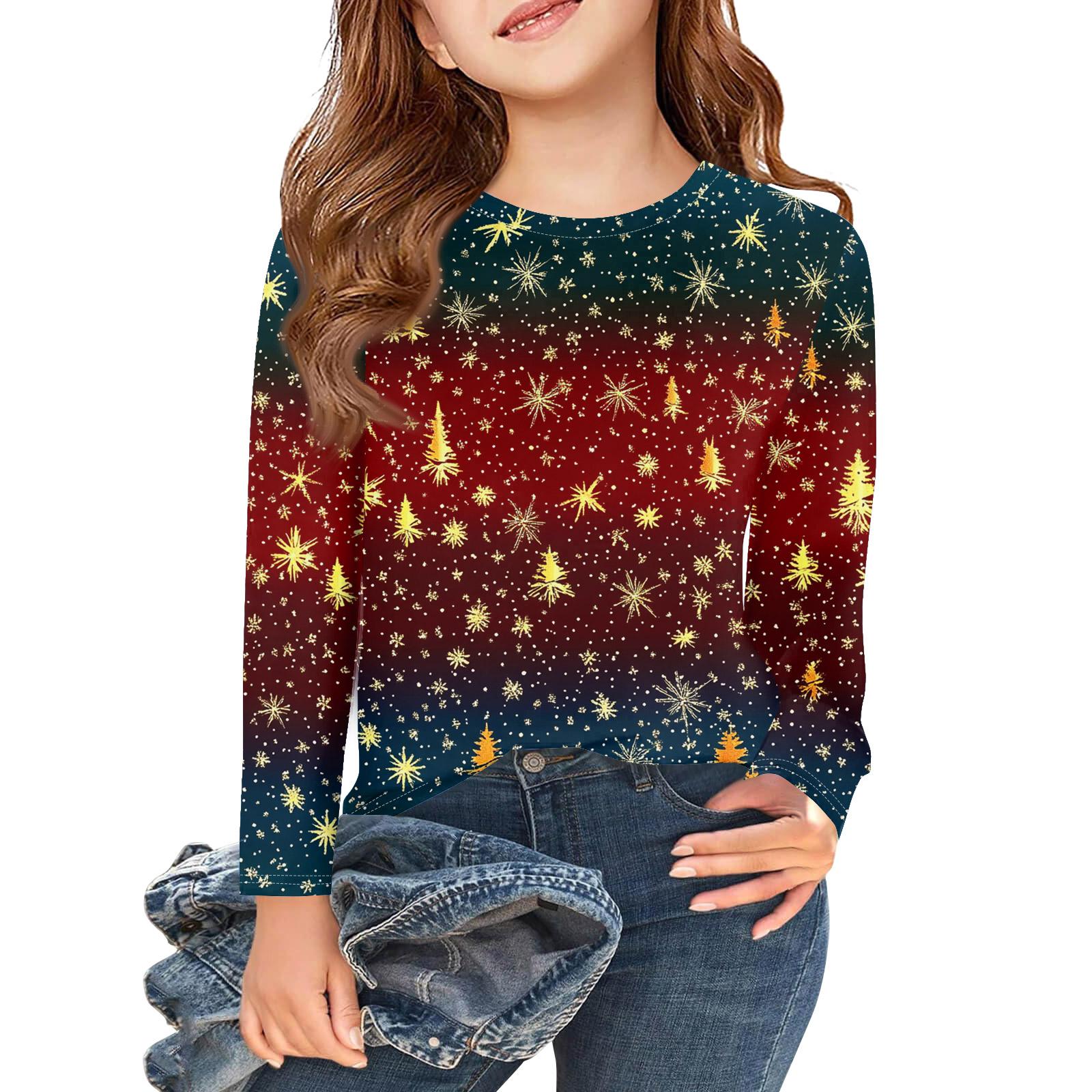 

Рождественские футболки с длинным рукавом для девочек, детские осенние топы с круглым вырезом и принтом, базовые футболки 120