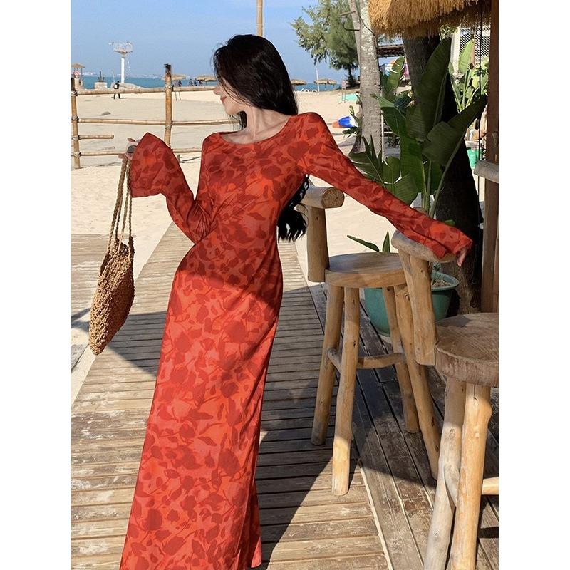 

Design Temperament Rose Print Long-sleeved Dress Lazy Vacation Travel Photo Dress S