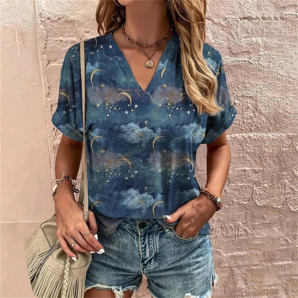 Retro Summer 3d TShirt Harajuku Casual Short Sleeve Women's T-Shirts Fashion Characters Top Tee V-Neck Oversized Female Clothing