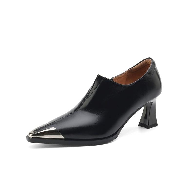 French Metal Pointed Niche Temperament Thick Heel Single Shoes Retro Elegant Versatile Deep Mouth Side Zipper Fashion Small Leather Shoes