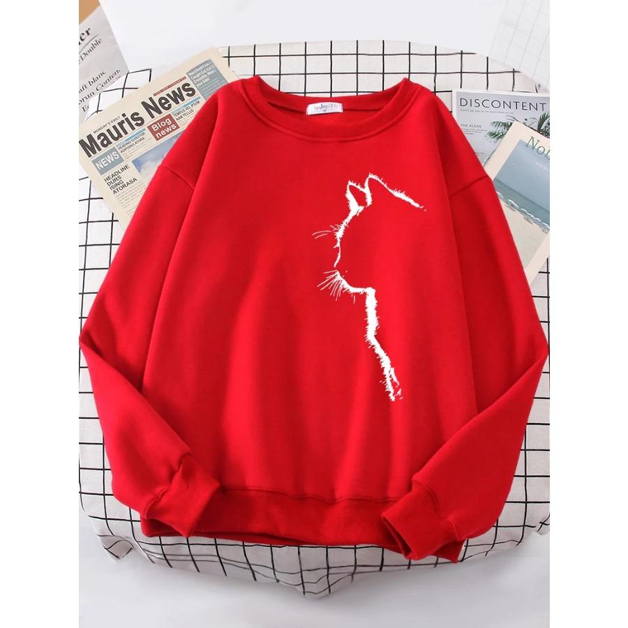 Simple Strokes of Cat Pet Print Hoody Womens Shoulder Drop All-match Hoodies Simple S-XXL Hoodie Street Quality Clothing Female