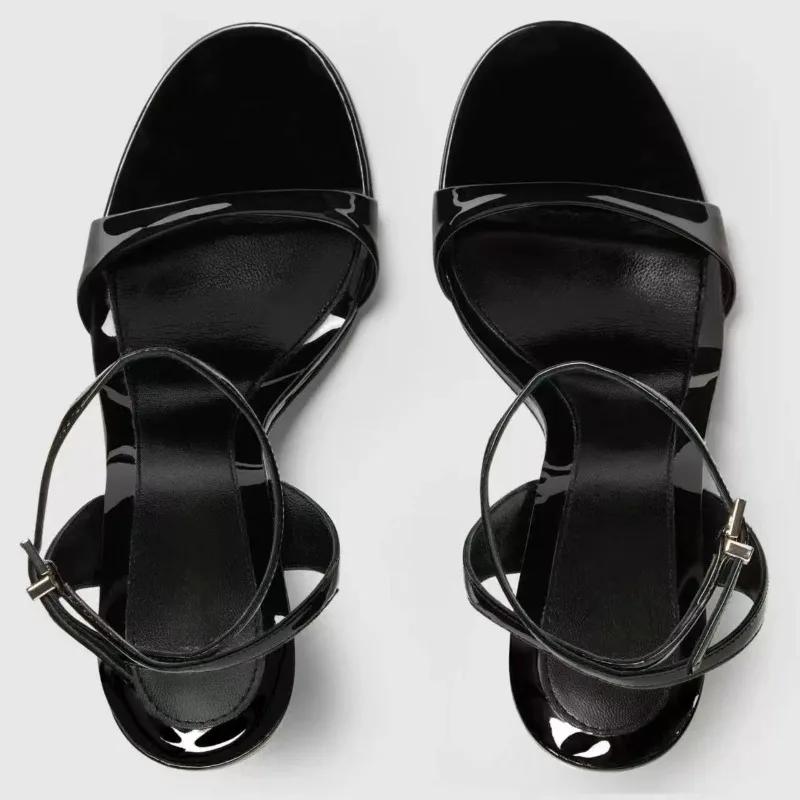 Mode Schwarz Runde Zehe Knöchelschnalle Hochhackige Sandalen Damen Hochwertiges Lackleder Markendesigner Schuhe Elegante Partykleidschuhe