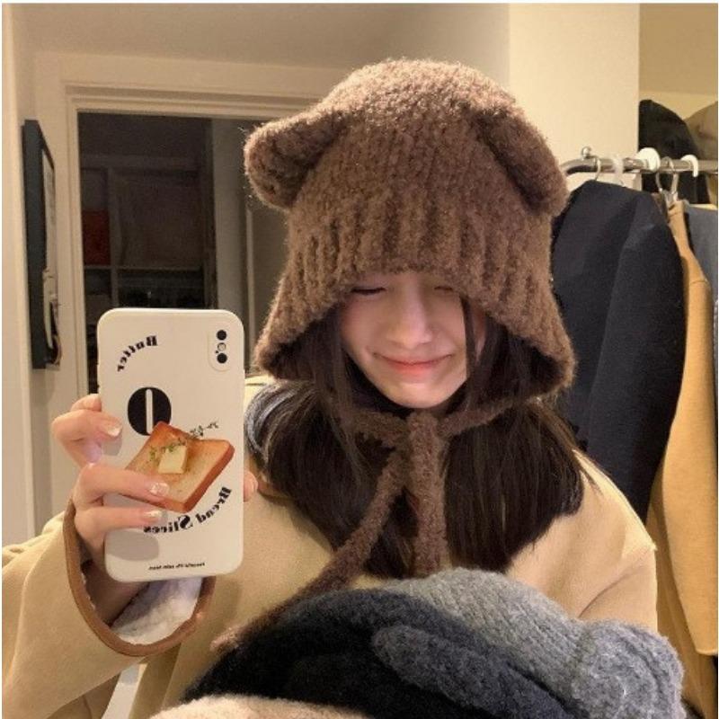 Cute color matching teddy velvet bear ears straps women's winter warm ear protectors knitted wool hat