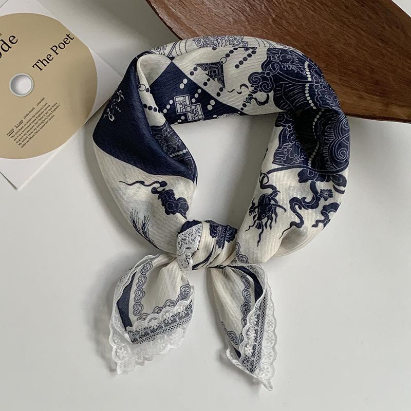 Silk scarf neck small square scarf new multi-color versatile headscarf summer women's pastoral lace headband hair accessories decorative small scarf