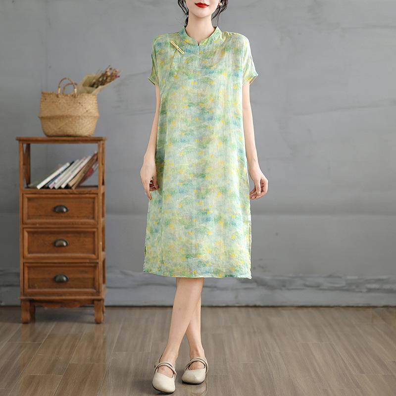 

Summer Cotton Linen Cheongsam Dress: Chinese Style Women s Loose Skirt XL светло-зеленый