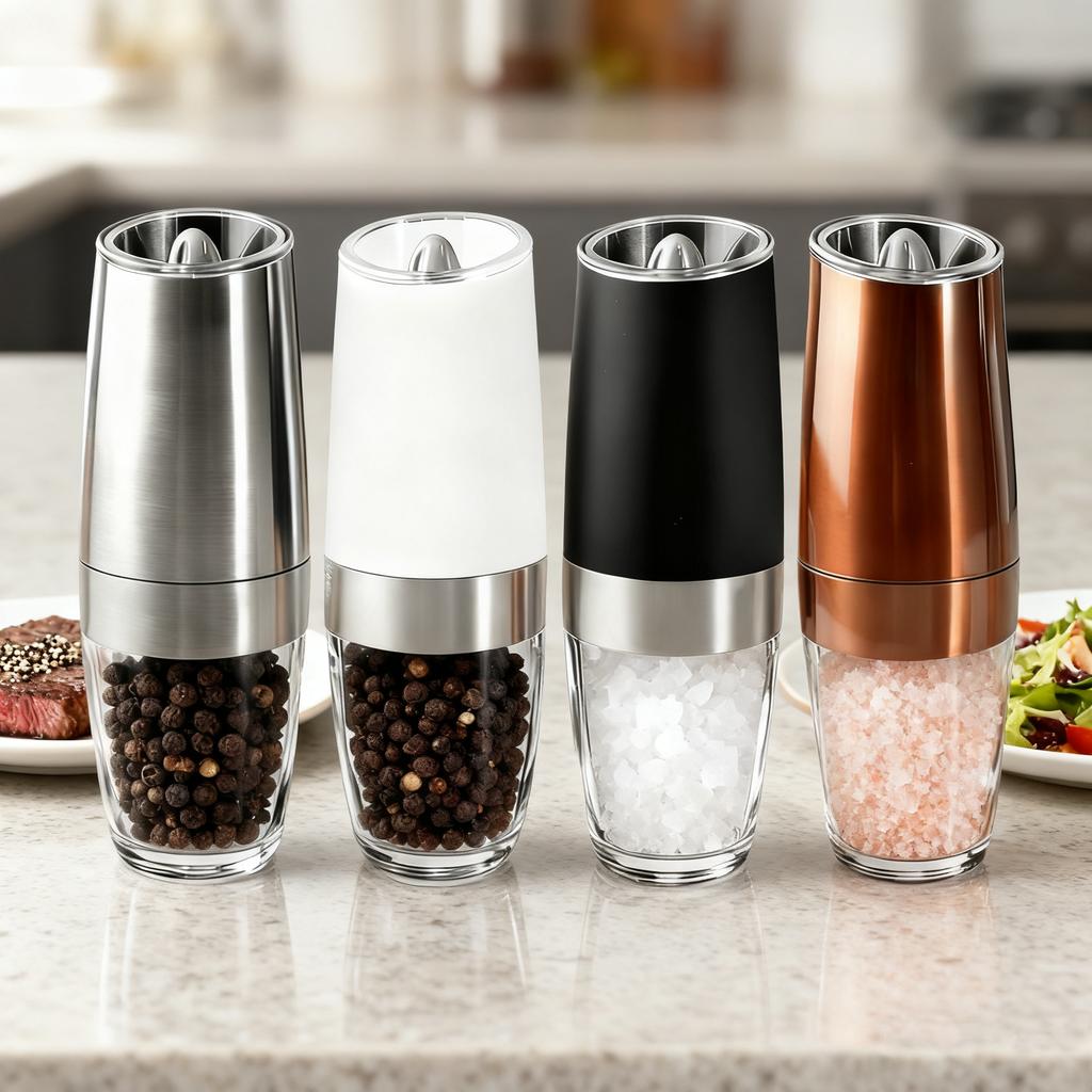 1/2pcs Gravity Electric Pepper and Salt Stainless Steel Grinder Set with Adjustable Coarseness Operated LED Light