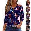 Women's Fashion Casual Independence Day American Flag Stars and Stripes Print Collar V-Neck Three-Quarter Sleeve Decorative Button-Up T-Shirt Top