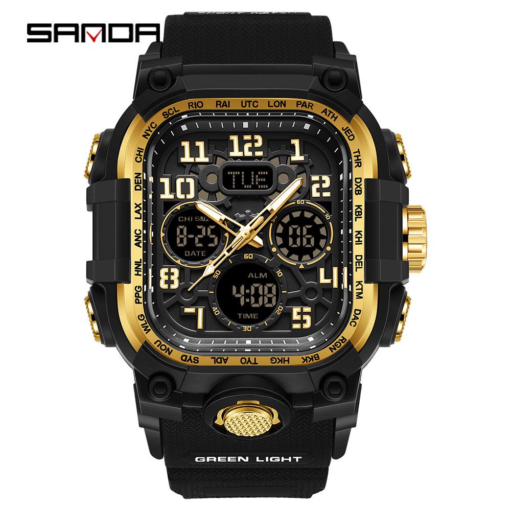SANDA Men's Outdoor Sport Wristwatch Big Dial Dual Display Luminous Waterproof TPU Band Chronograph Calendar Male Watch