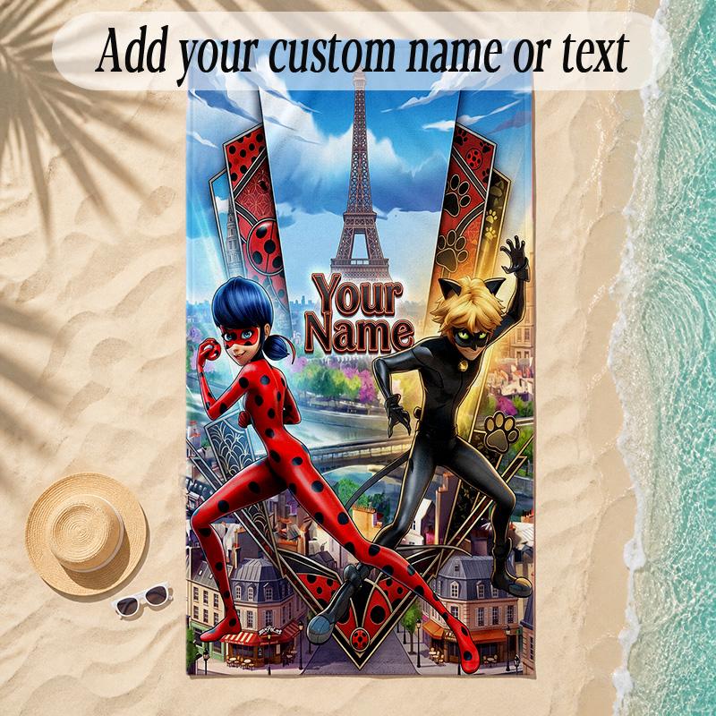 Beach TowelMiraculous Ladybug Custom Name Text Personalized Soft Towel for Beach Pool Indoor Home Decor Gift