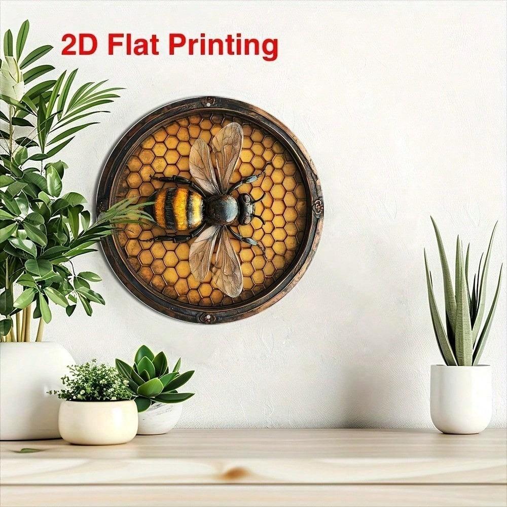 Vintage Bee Metal Wall Art Sign 8x8 Inch Rustic Aluminum Round Bee Decor Farmhouse Kitchen Hanging Plaque