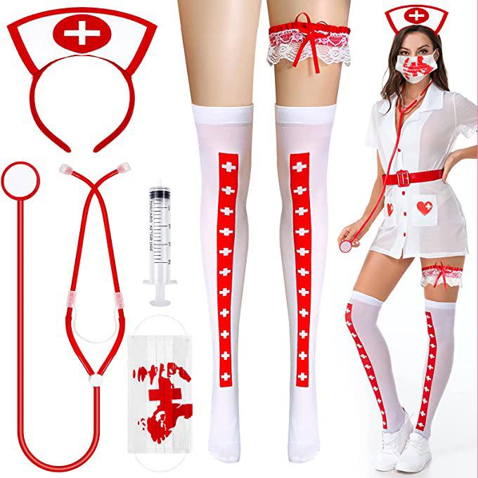 Halloween Nurse Headwear with Fake Stethoscope Pen Sexy Nurse Headwear Headband Lace Red Cute Cosplay Costume Birthday Makeup