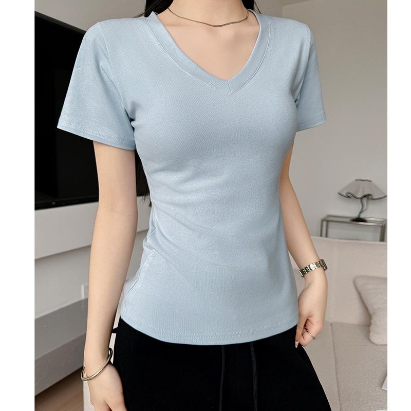

Gray V-neck Short-sleeved T-shirt for Women In Spring and Summer New Basic Slim Korean Top Versatile Shoulder Base Shirt XL синий