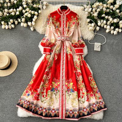 Fahison New  Print Single Breasted Women Dresses French Style Spring Autumn Long Dresses Vintage A-line Evening Party  Dress for Women