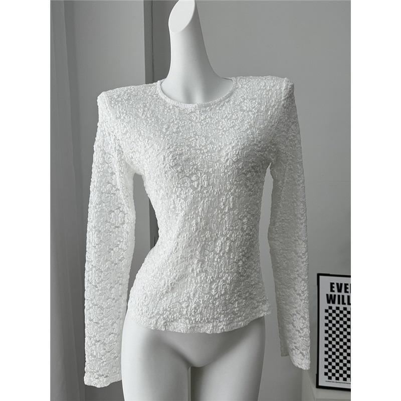 

Европейская и американская кружевная блузка с полым низом, жемчужной застежкой, разрезом, облегающего кроя, с расклешенными рукавами, с длинным рукавом, женская футболка S белый