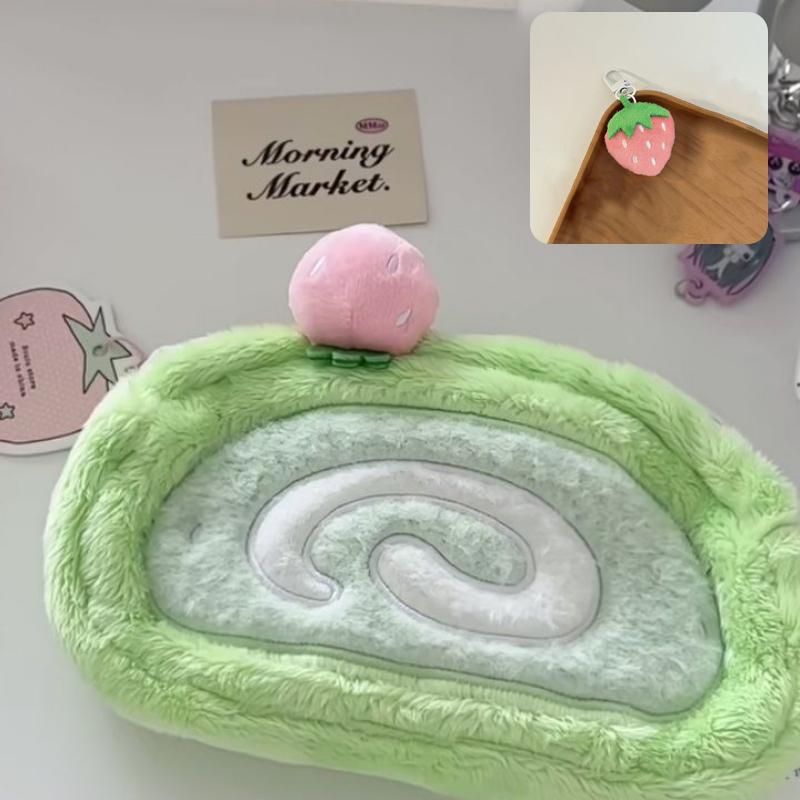 Kawaii Cake Roll Plush Pencil Case with Strawberry Pendant Large Capacity Stationery Organizer for Middle School Students