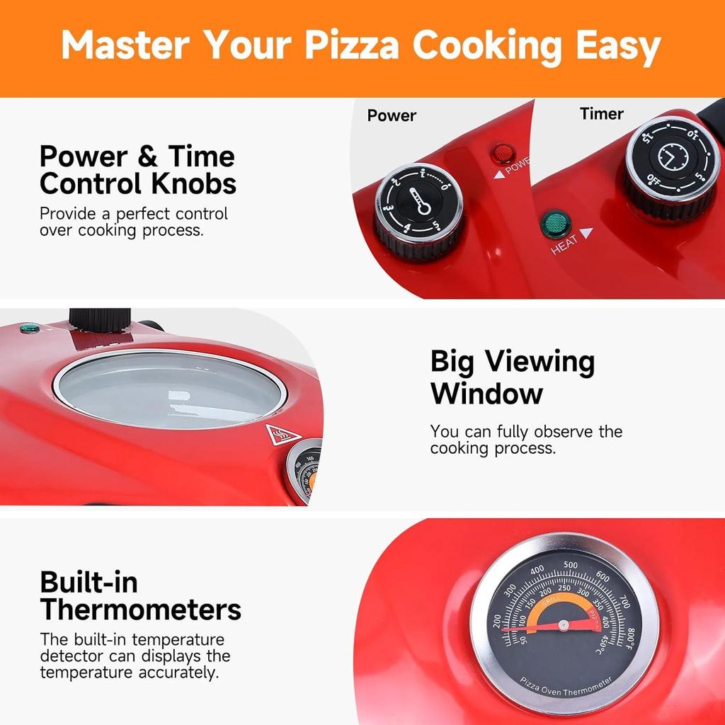 420-degree Ceramic Stone Pizza Oven, 12-inch Pizza Oven, 1200W Countertop Pizza Maker with Built-in Thermometer and Timer