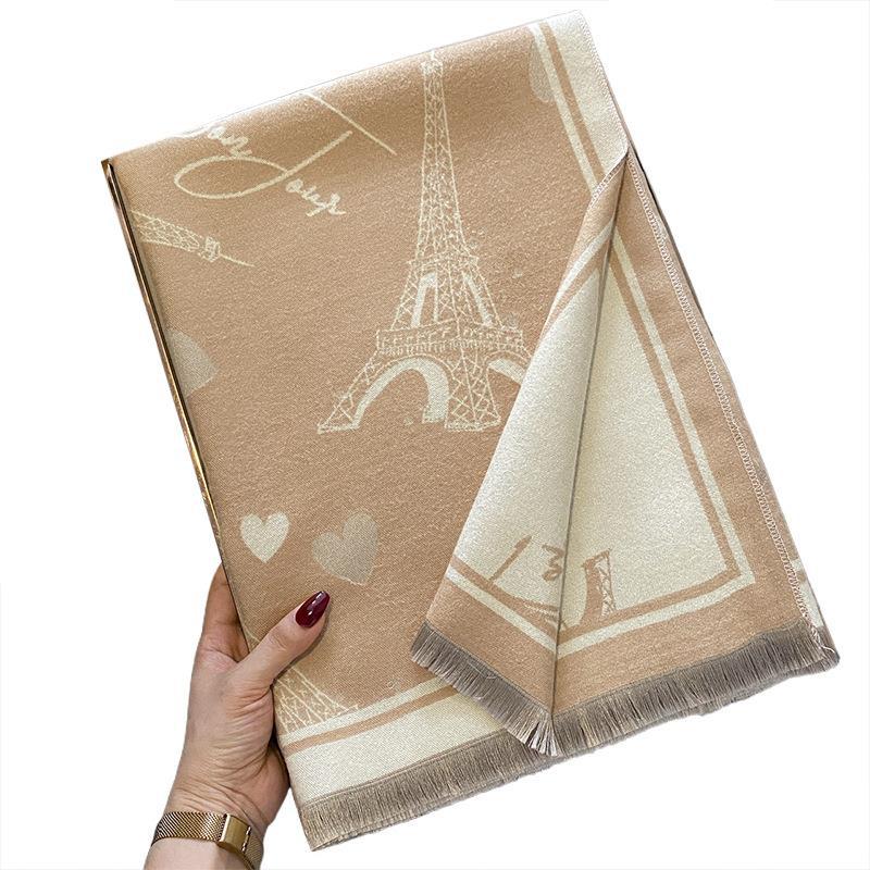 New Autumn and Winter Imitation Cashmere Scarf for Women European and American Style Iron Tower Pattern  Warm Outer Wear Multi Purpose Scarf