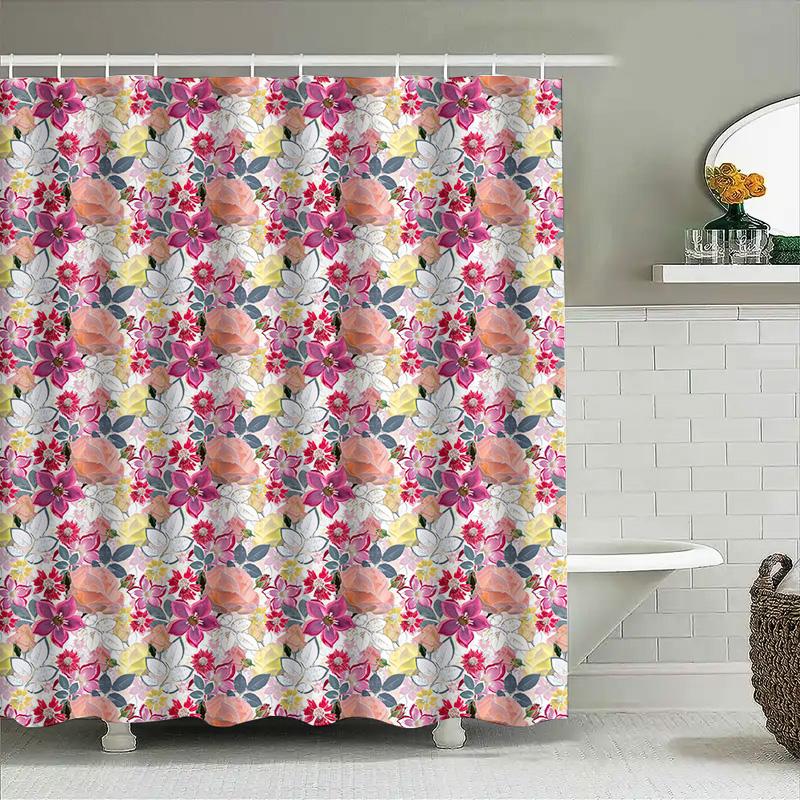Pink And White Flower Print Shower Curtain Fabric Bath Decor Modern Bathroom Curtains For Home Decoration (180X240Cm)