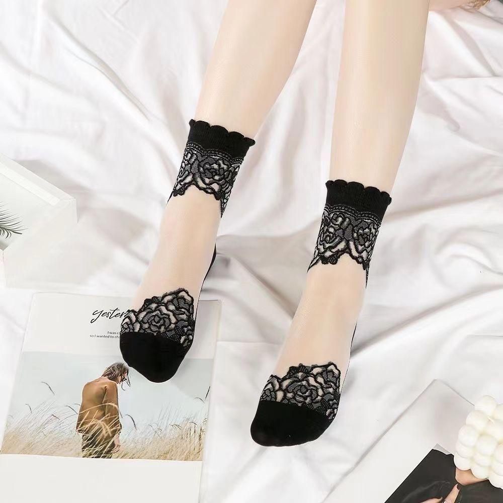 3 Pairs of Women's Summer Socks with Lace Crystal Silk Stockings Sweat Absorbing Breathable Lotus Leaf Edge Lace