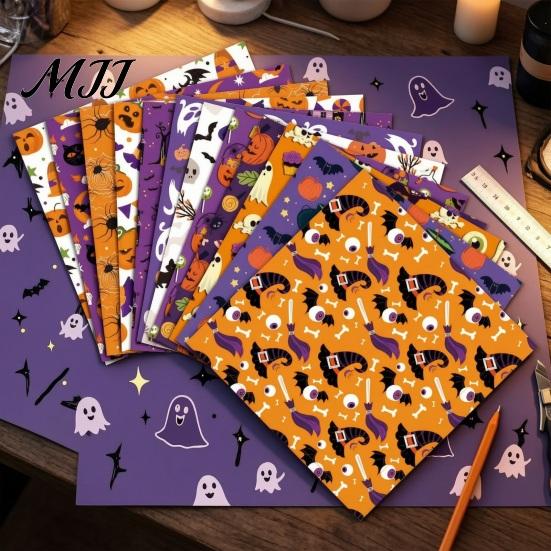 Classic Halloween Elements Stickers 12 Sheets Scrapbook Paper Set, 6x6in Double-Sided Craft Paper, Pumpkin Large Area Ghost Bat Pattern Decorative for