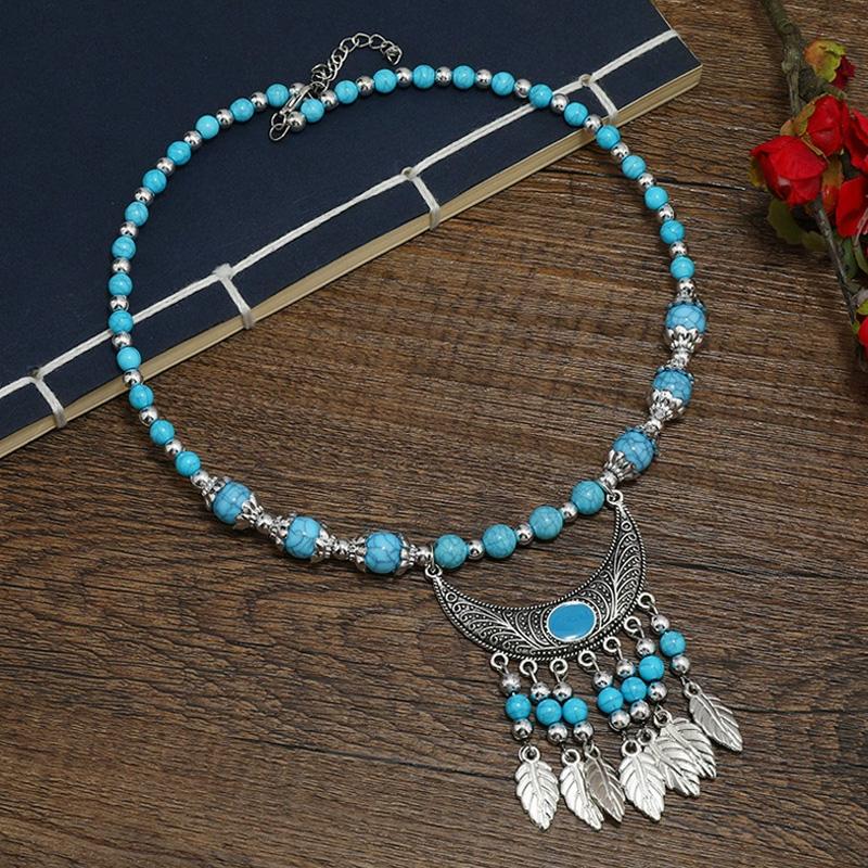 1PC Ethnic Multicolor Long Chain Boho Stone Beads Jewelry Accessories Leaf Red Stone Alloy Carving Gaskets Tassel Necklace