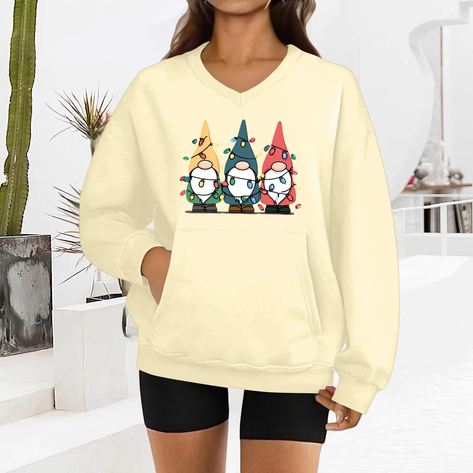 

Женский модный свитшот с длинными рукавами и V-образным вырезом с рождественским принтом L бежевый